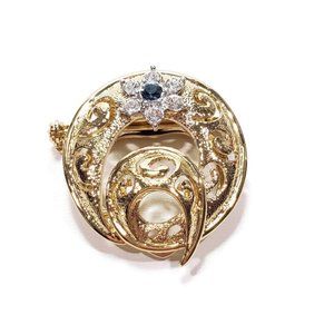 Gold Tone Rhinestone Circle Brooch Scarf Clip